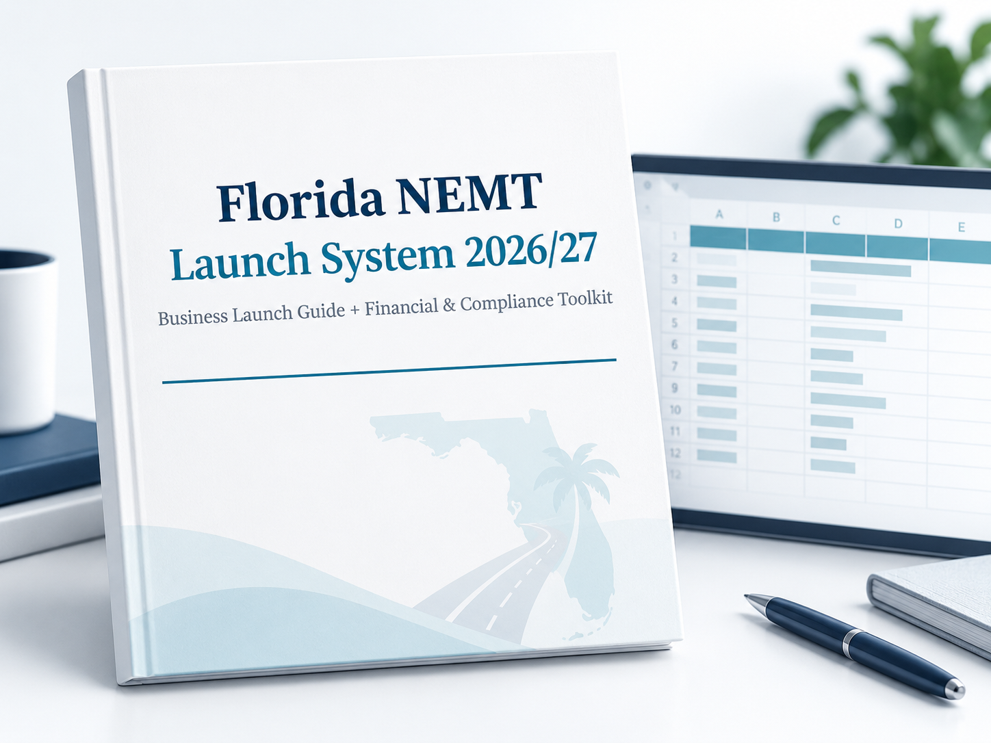 LaunchOps product visual showing the Florida NEMT guide and spreadsheet toolkit format
