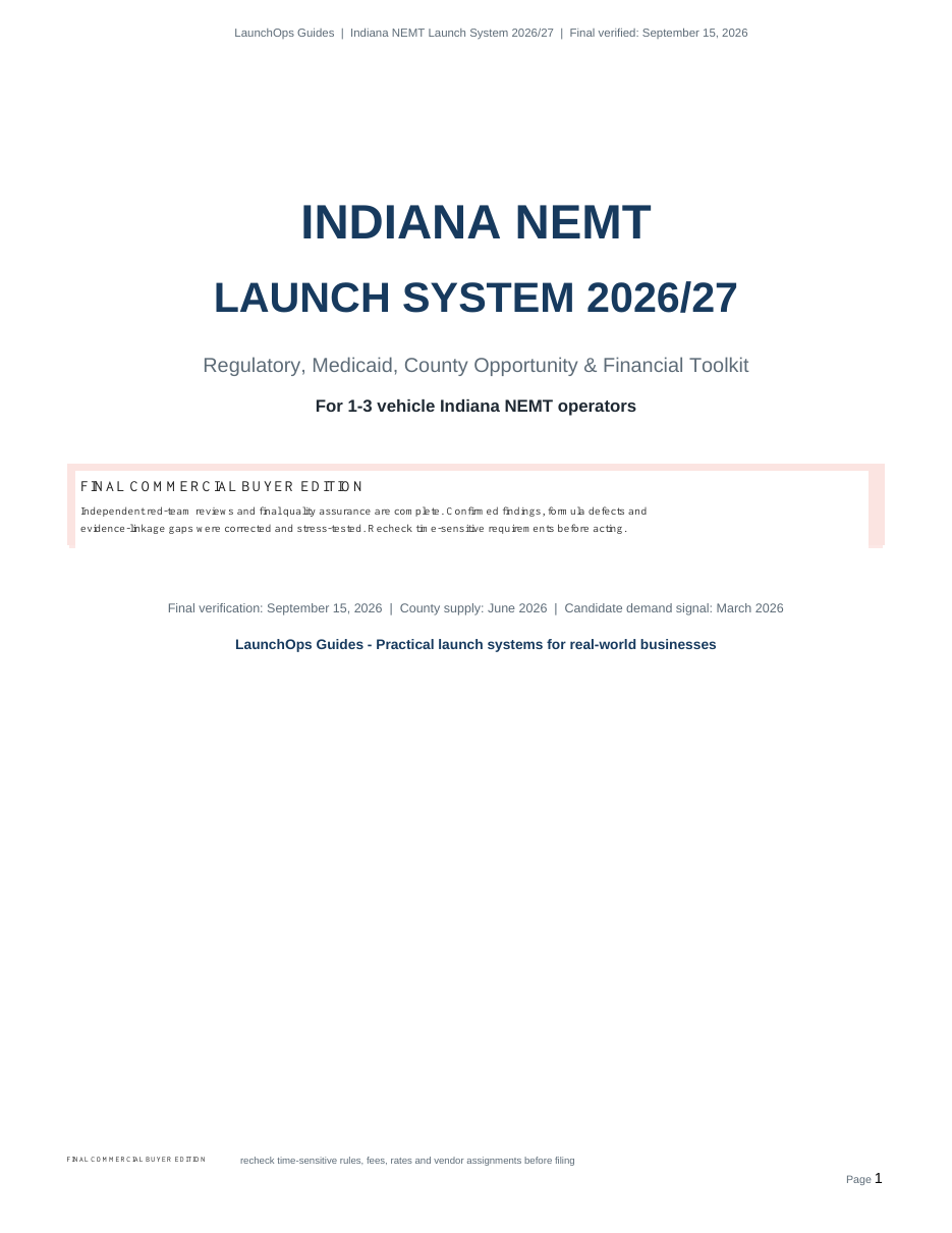 Actual cover of the Indiana NEMT Launch System 2026/27 final commercial buyer edition