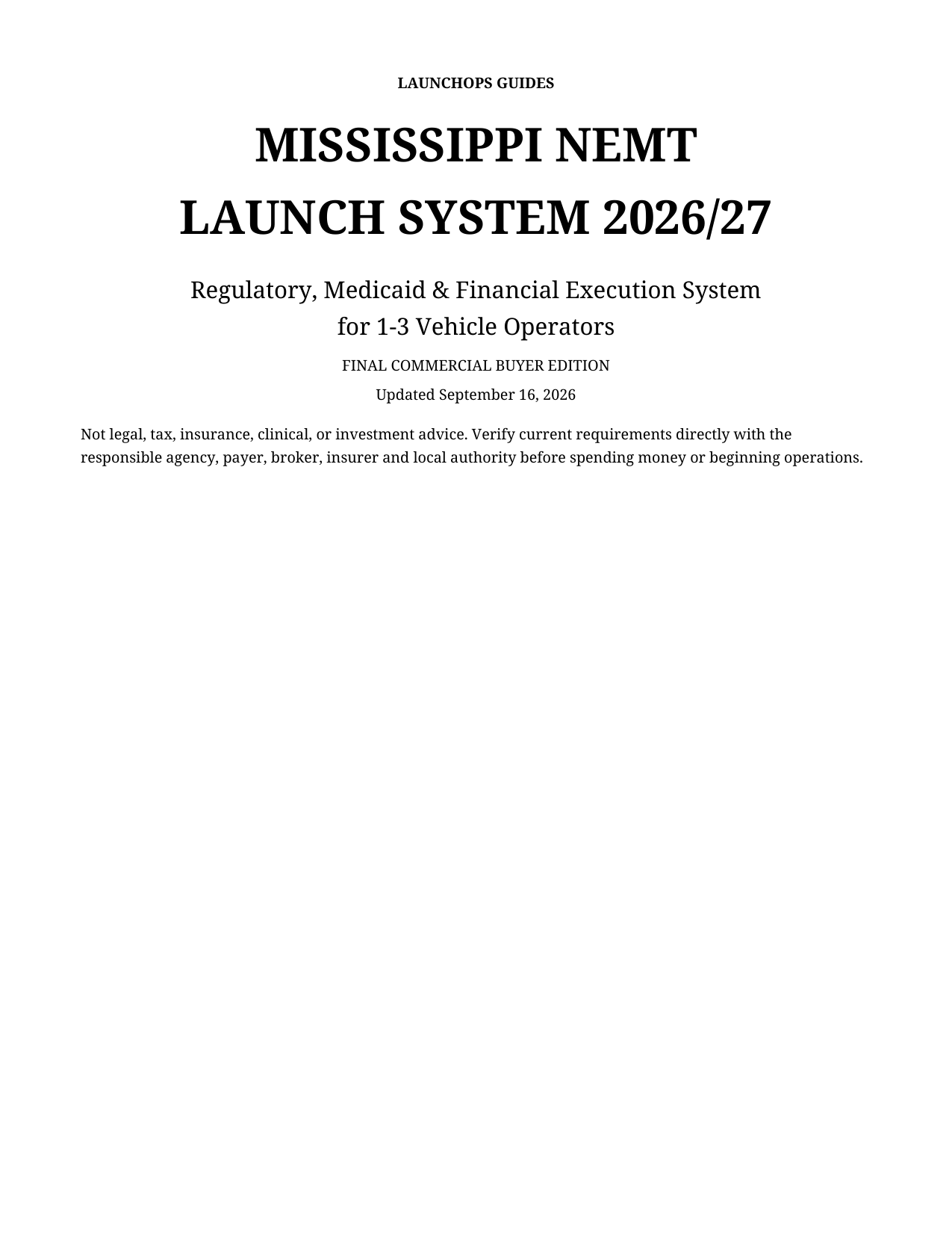 Actual cover of the Mississippi NEMT Launch System 2026/27 final commercial buyer edition